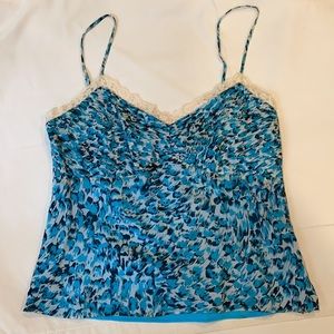 Silk & Lace Pleated Ann Taylor Blue Aqua Cream Print Camisole w side zip LG EUC